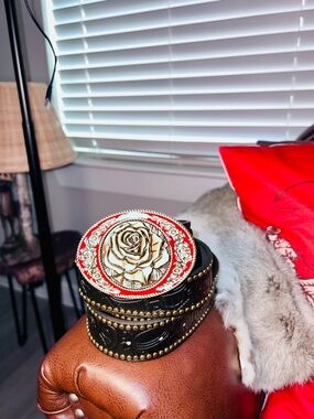 Black Belt with Red and Gold Rose Medallion